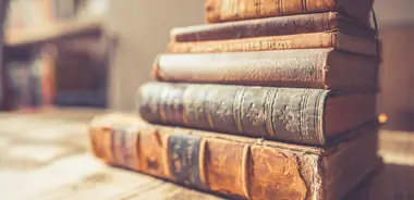 A stack of six brown hardbound books