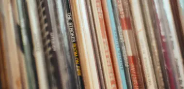 A row of vinyl record sleeves standing on a shelf